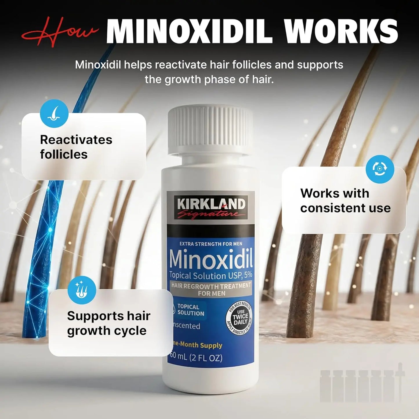 Kirkland Signature Traitement Repousse Cheveux Homme – Minoxidil 5% Solution Topique – Approvisionnement 1 Mois (60 ml) Kirkland Minoxidil Solution