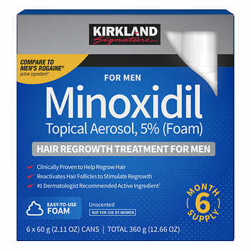 Kirkland Signature - 5% Minoxidil Foam for Men. Size: 2.13 fl. oz (63 ml) per bottle, pack of 6. 